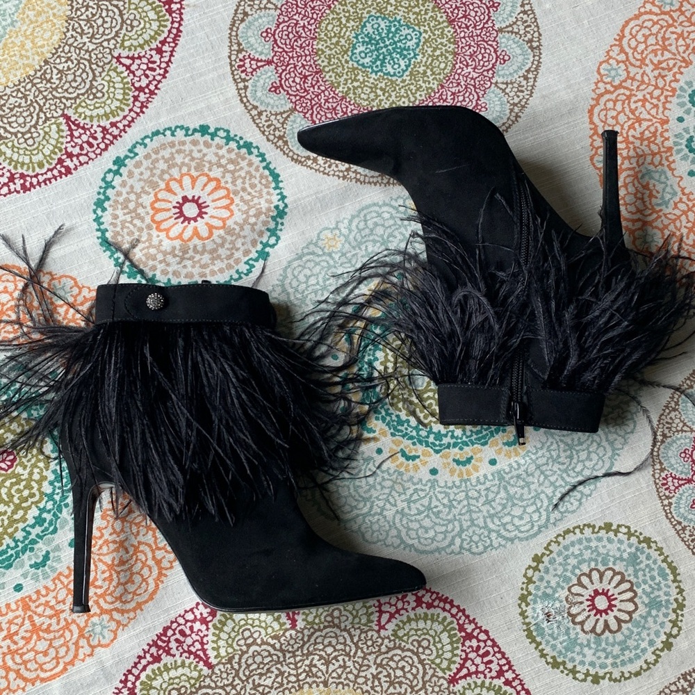 🔥💋Nina Ostrich Feather Black Suede Leather Stiletto Booties w/Rhinestones 7.5